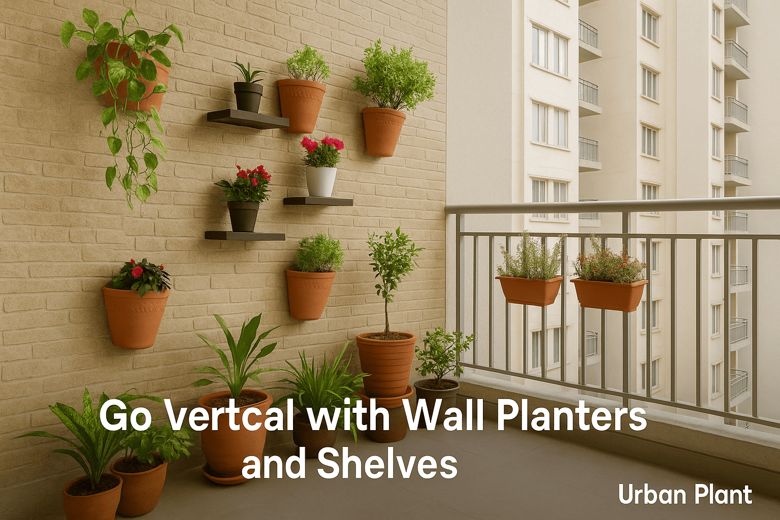 Urban balcony garden with vertical wall planters and wooden shelves filled with potted plants — space-saving balcony garden ideas